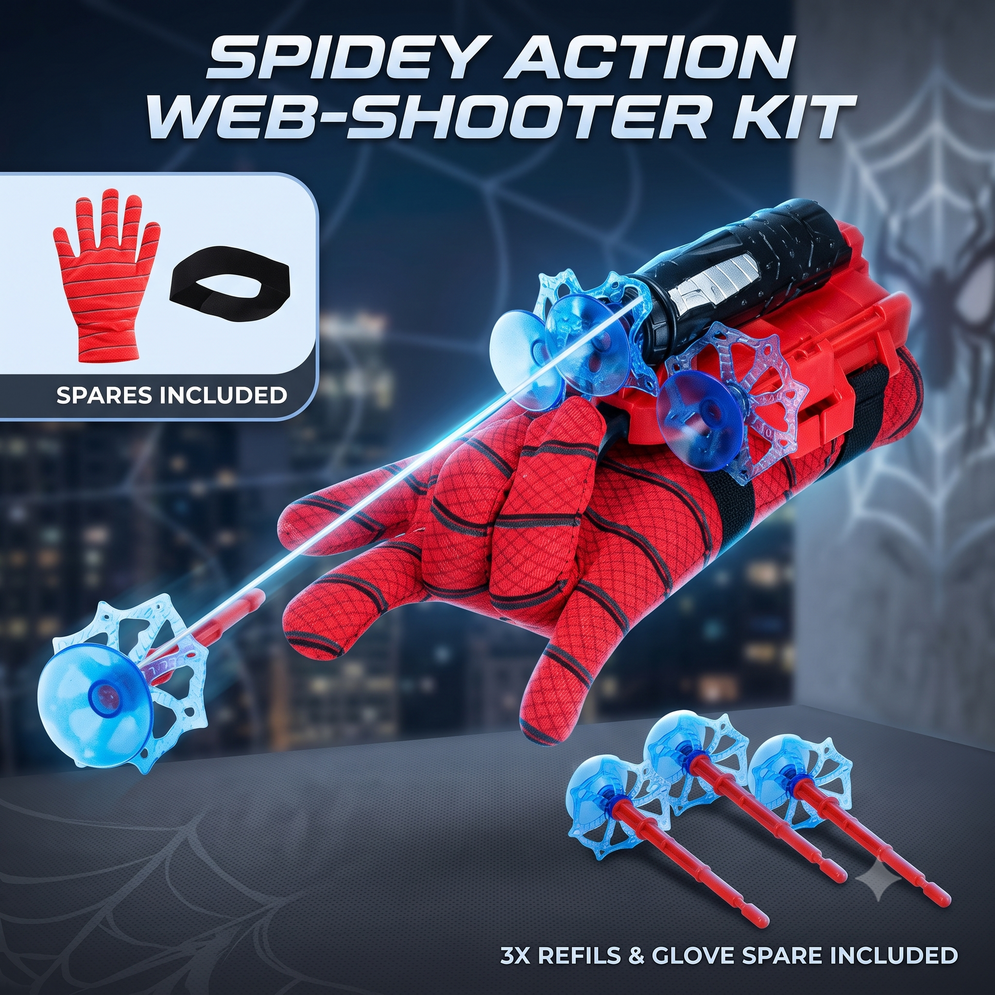 Spider-Man themed web shooter toy kit with a red glove and black wristband shown on a dark city background, plus three blue-and-red web shots and a small inset showing included spare glove and band.